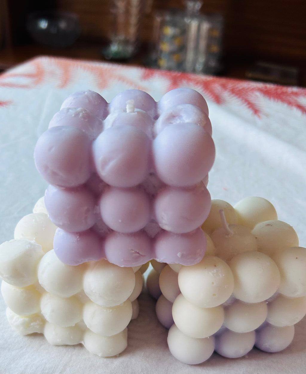 Handmade bubble candles in lavender and white