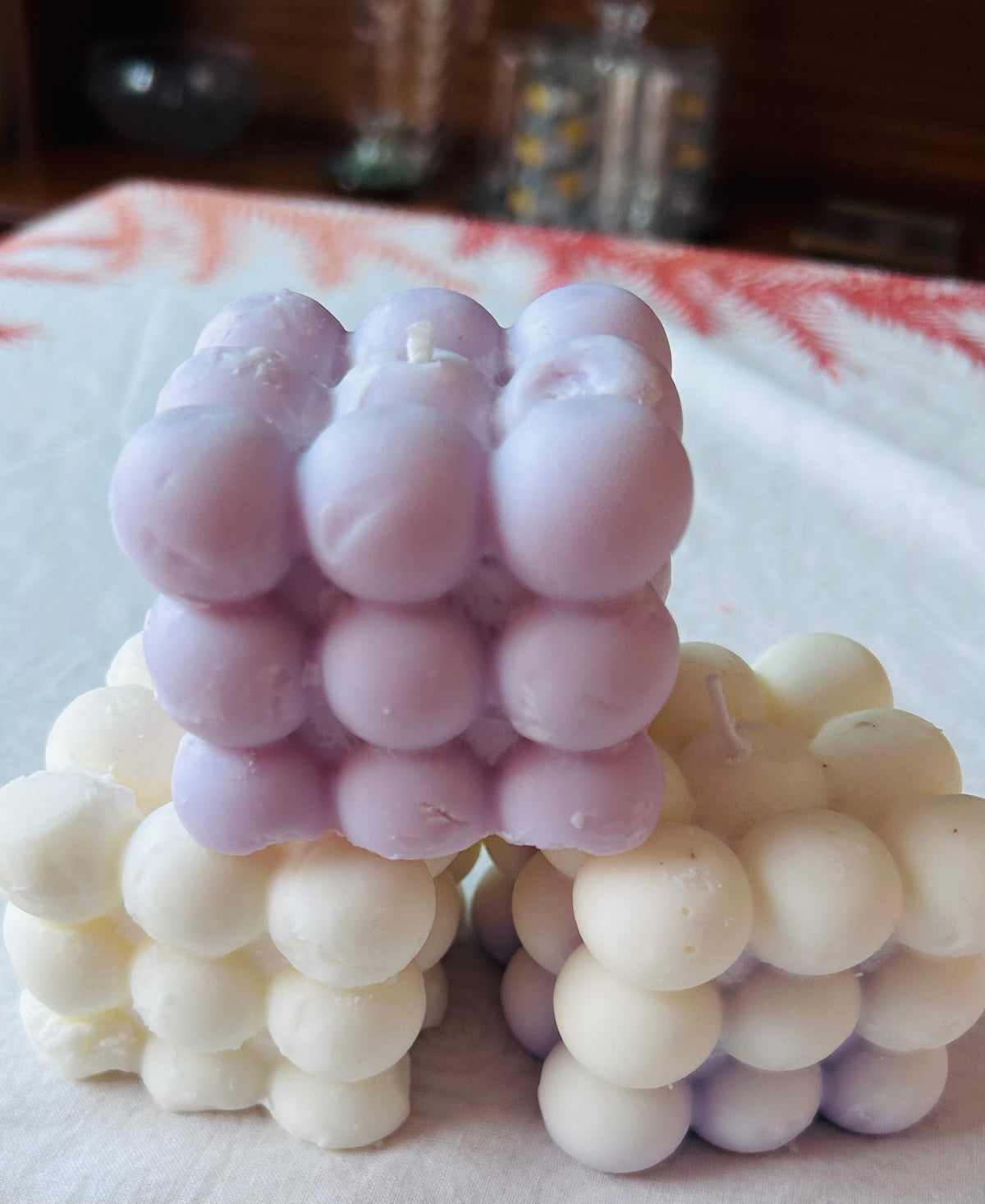 Handmade bubble candles in lavender and white